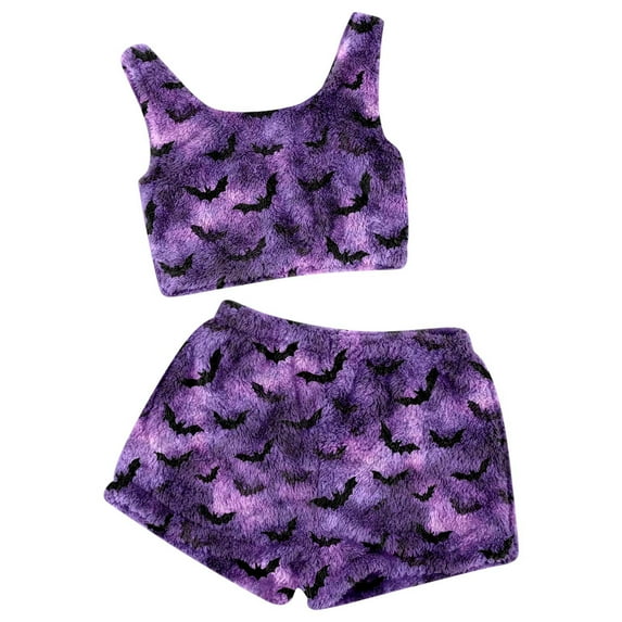 Yuncity Halloween Pajama Women Suspender Shorts Sleeveless Casual Flannel Hallowmas Print 2 Piece Shorts Set Soft Pajamas Sleepwear Purple L