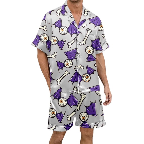 Yuncity Halloween Pajamas Men Print Short Sleeve Shorts Button Up Sleepwear Loungewear Comfortable Nightwear Outfit Leisure Pajama Grey L