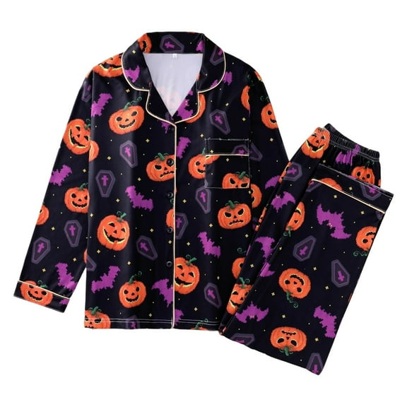 Yuncity Halloween Pajamas Women Printed Collar Long Sleeve Long Pants Trendy Cute Pajama Sets Black Xl
