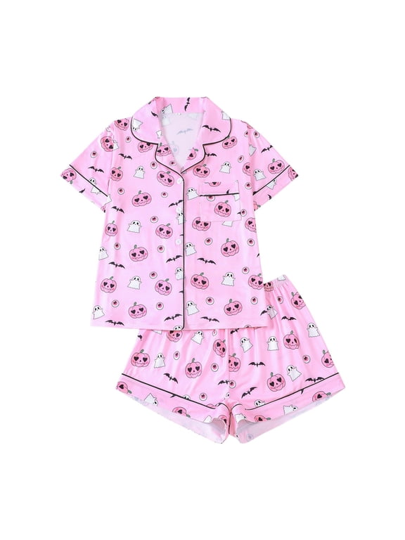 Halloween Pajamas Women Printed Collar Short Sleeve And Shorts Cozy Cute Pajama Sets Pink M