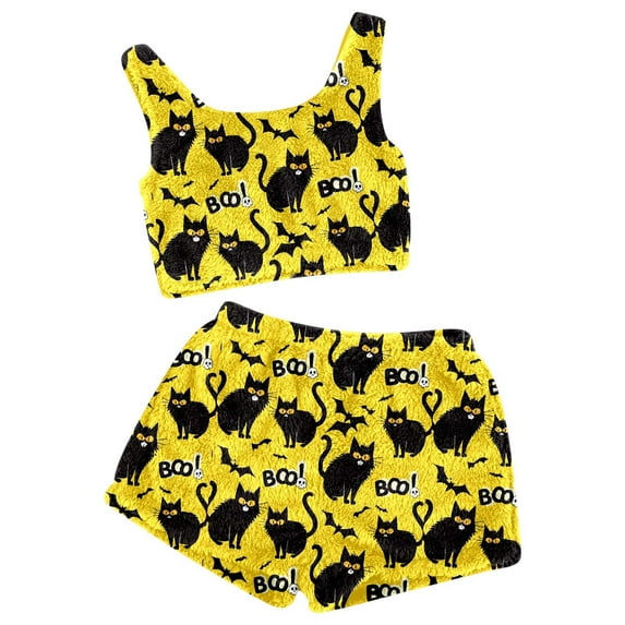 Yuncity Halloween Pajamas Women Suspender Shorts Sleeveless Casual Flannel Hallowmas Print 2 Piece Shorts Set Cute Pajama Loungewear Yellow Xxl