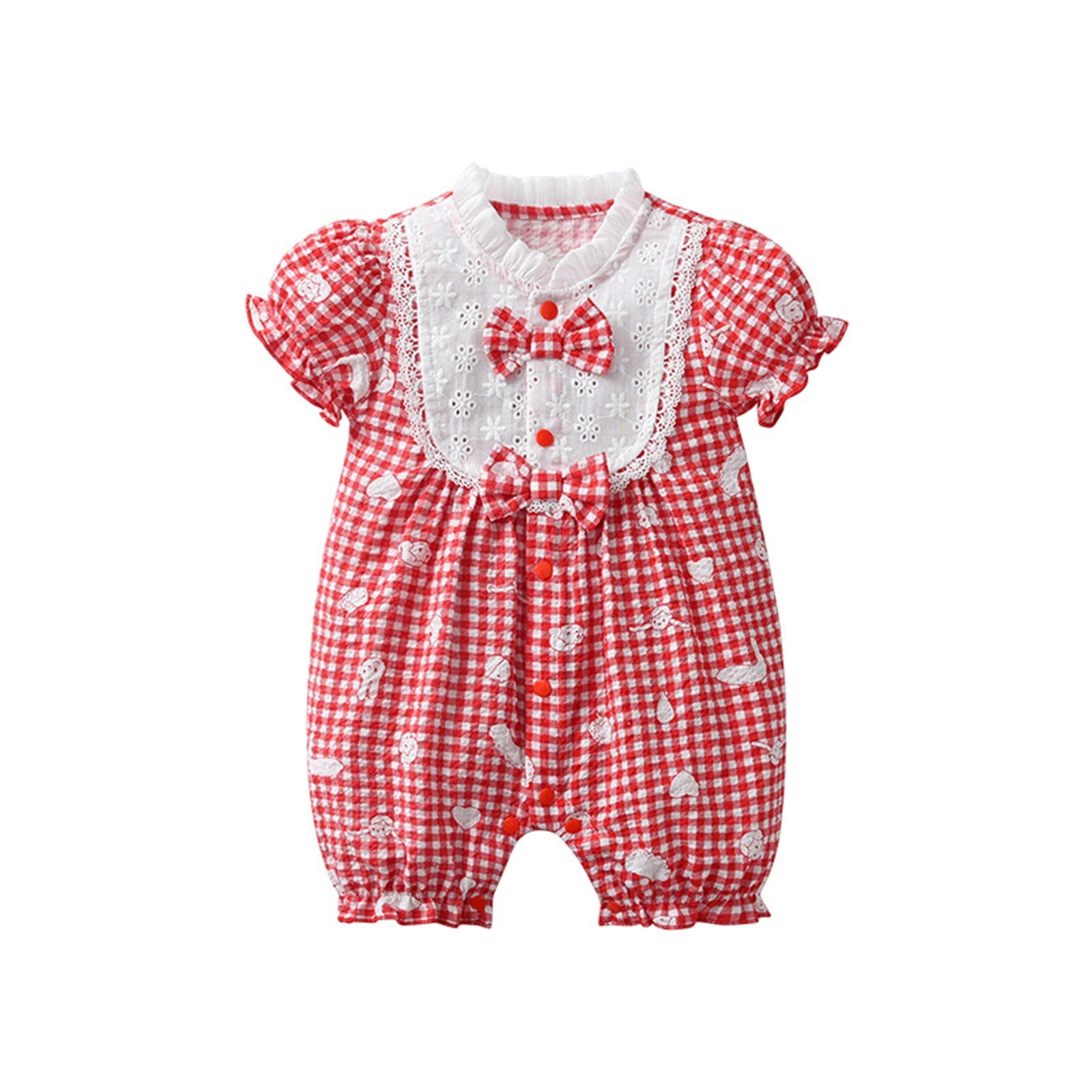 Yuncity Girls Jumpsuit Short Sleeve Crew Neck Plaid Romper Summer Leisure Relaxed Daily Wear Kids Onesie Sized 3-6 Months Red