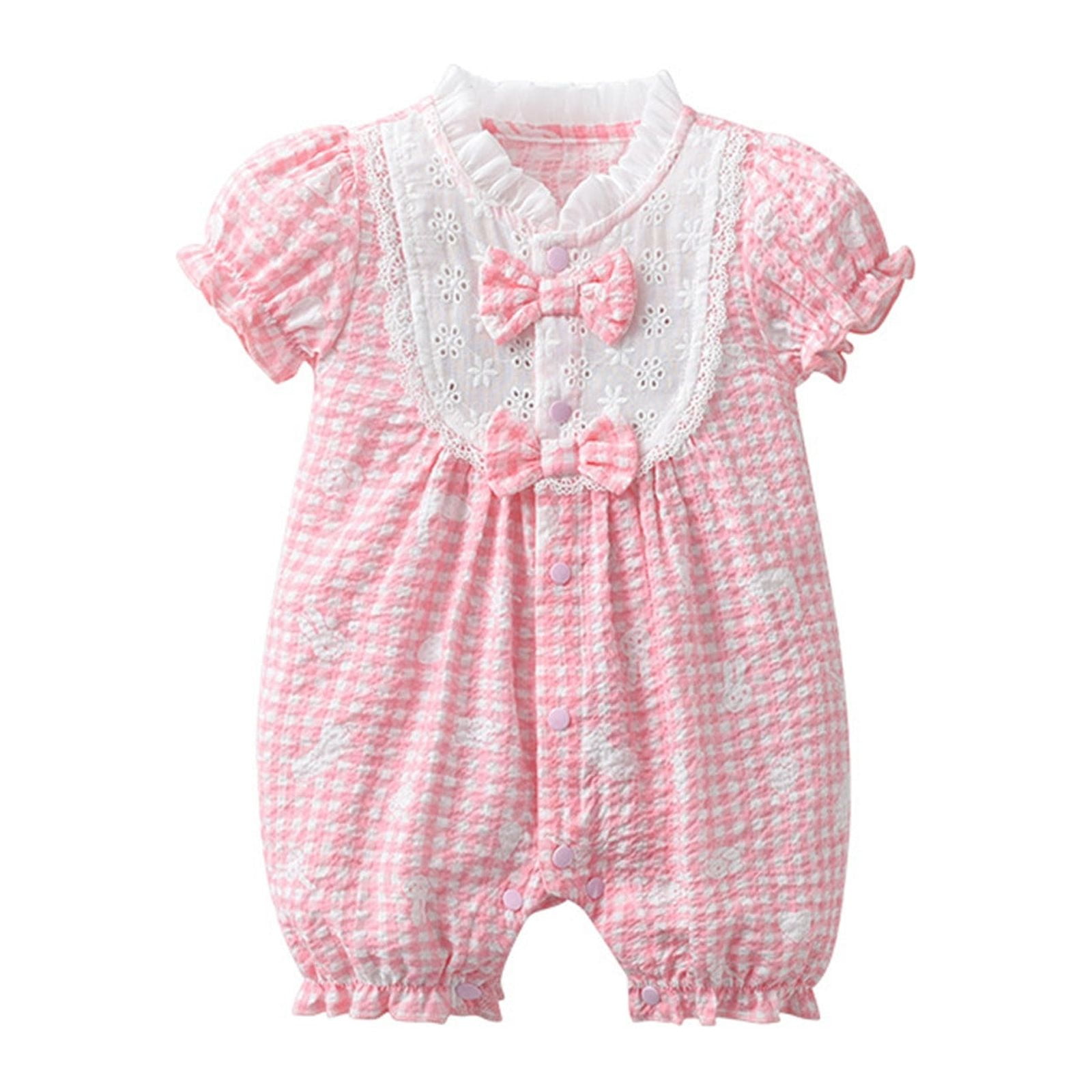 Yuncity Kids Jumpsuit Short Sleeve Crew Neck Plaid Romper Summer Leisure Relaxed Daily Wear Baby Girls Jumpsuit Sized 18-24 Months Pink