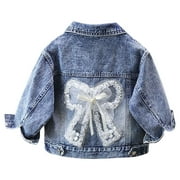 Yuncity Kids Denim Jacket For Girls Bowboy Long Sleeve Coat Grls Cartoon Cute Top Jeans Jacket 5-6 Years