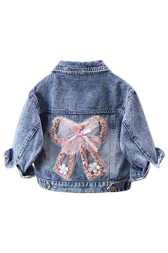 Kids Denim Jacket For Girls Bowboy Long Sleeve Coat Grls Cartoon Cute Top Jeans Jacket 7-8 Years