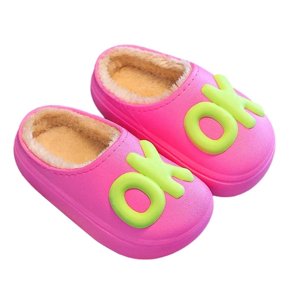 Yuncity Kids Fuzzy Winter Slippers Letter Decor Waterproof Eva Closed Toe Non- Warm Boys Girls Indoor Bedroom Casual House Shoes Size 3.5-4.5 Years