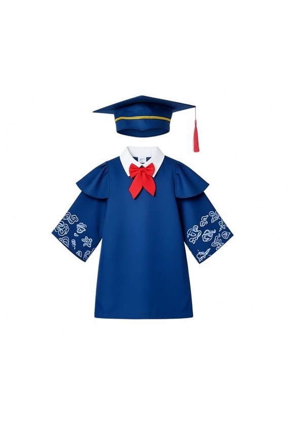 Kids Graduation Season Clothes Long Sleeve Lapel Cloud Print Knotbow School Gown With Caps 2 Pieces Set Summer Soft Graduation Wear Children Outfit Sets Size 7-8 Years Blue
