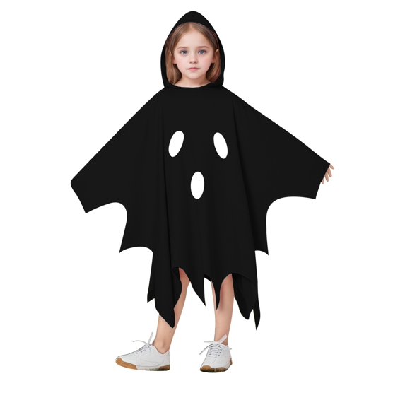 Yuncity Kids Halloween Cape Ghost Print Hooded Sleeveless Cloak Lightweight Casual Cozy Loose Fit Fall Winter Poncho Holiday Party Outfit Black