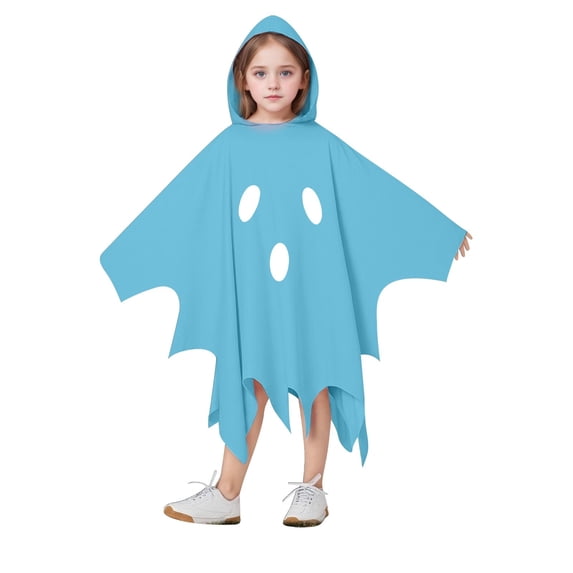 Yuncity Kids Halloween Cape Ghost Print Hooded Sleeveless Cloak Lightweight Casual Cozy Loose Fit Fall Winter Poncho Holiday Party Outfit Light Blue