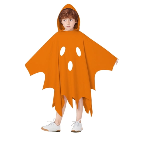 Yuncity Kids Halloween Cape Ghost Print Hooded Sleeveless Cloak Lightweight Casual Cozy Loose Fit Fall Winter Poncho Holiday Party Outfit Orange