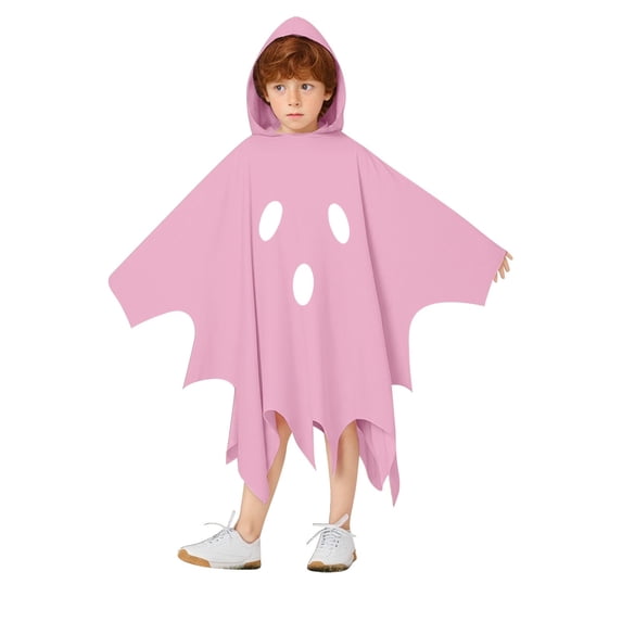 Yuncity Kids Halloween Cape Ghost Print Hooded Sleeveless Cloak Lightweight Casual Cozy Loose Fit Fall Winter Poncho Holiday Party Outfit Pink