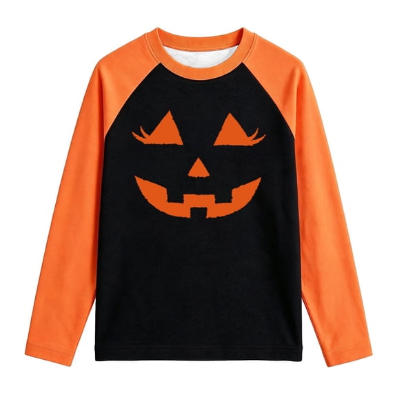 Yuncity Kids Halloween T Shirts Boys Girls Fall Winter Pumpkin Face Graphic Print Raglan Long Sleeve Crewneck Casual Cozy Tees Family Gathering Tops,Size 2-14 Years Orange