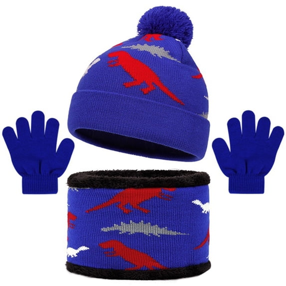 Yuncity Kids Winter Beanie Hat Neck Gloves Set Warm Lined Knit Cap Dinosaur Print Stretchy Neck Gaiter Gloves Set For Cold Weather Outdoor Daily Wear for Boys Girls Blue