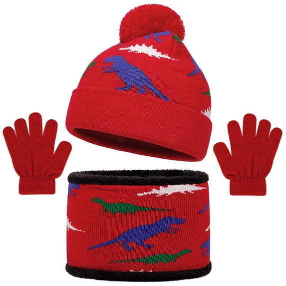 Yuncity Kids Winter Beanie Hat Neck Gloves Set Warm Lined Knit Cap Dinosaur Print Stretchy Neck Gaiter Gloves Set For Cold Weather Outdoor Daily Wear for Boys Girls Red