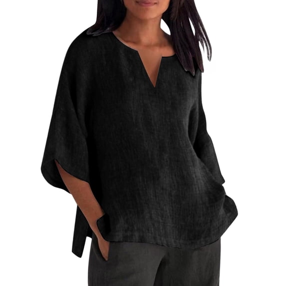 Yuncity Linen Clothes For Women Classic Cotton 3/4 Sleeve Crewneck Loose Printed T Shirt S-3Xl