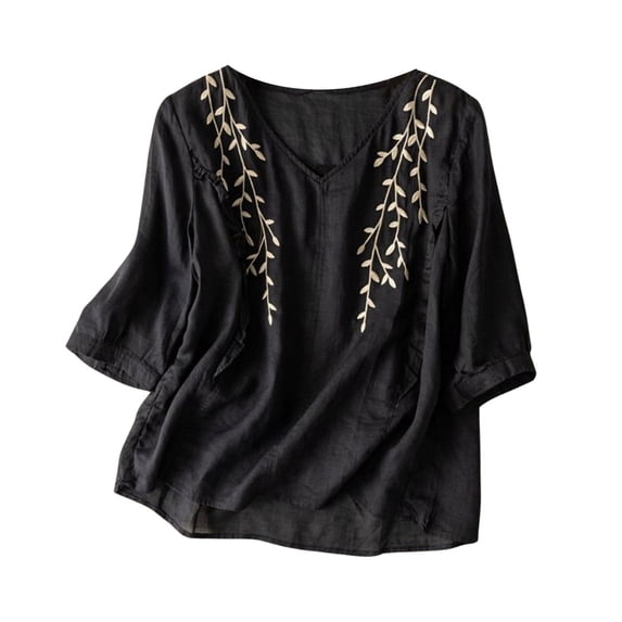 Yuncity Linen Clothes For Women Solid Color Cotton Vintage Embroidery Clothing Loose Thin T Shirt Top M-3Xl