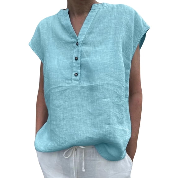 Yuncity Linen Shirt Women Casual Solid V Neck Button Cotton Blend Short Sleeve Shirt Blouse Top S-2Xl