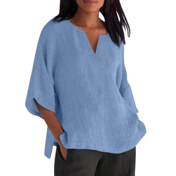 Yuncity Linen Shirt Women Classic Cotton 3/4 Sleeve Crewneck Loose Printed T Shirt S-3Xl
