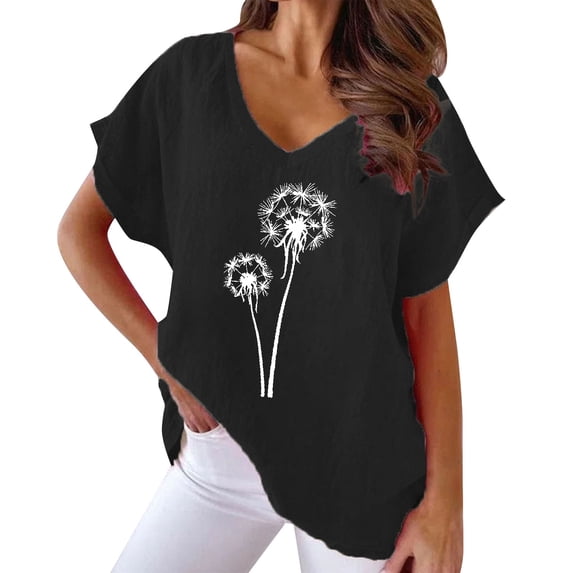 Yuncity Linen Shirt Women Short Sleeved Dandelion Print V Neck Loose Casual T Shirt Plus Size S-5Xl
