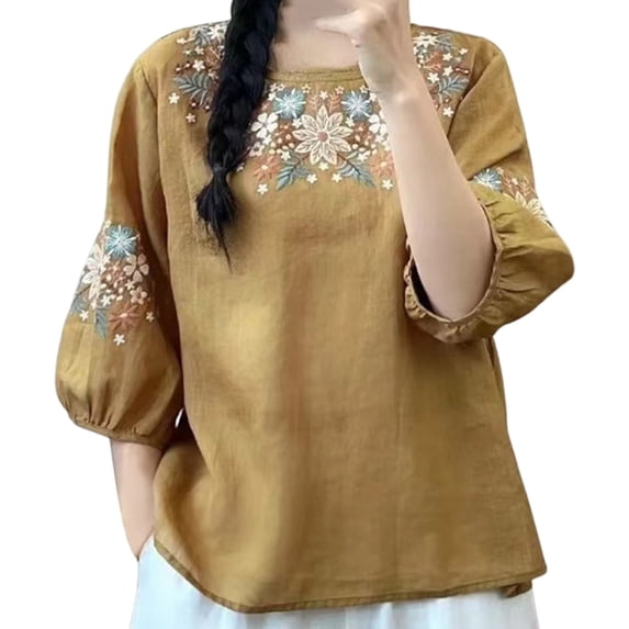 Yuncity Linen Shirt Women Vintage Blend 3/4 Sleeve Embroidered T Shirt Loose Fit Summer Round Neck Top M-3Xl