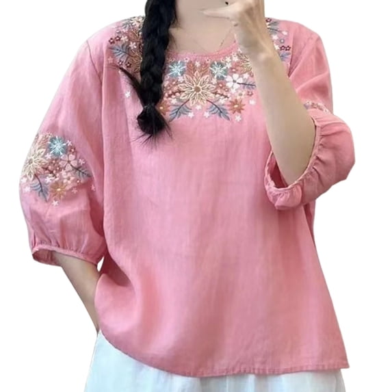 Yuncity Linen Shirt Women Vintage Blend 3/4 Sleeve Embroidered T Shirt Loose Fit Summer Round Neck Top M-3Xl