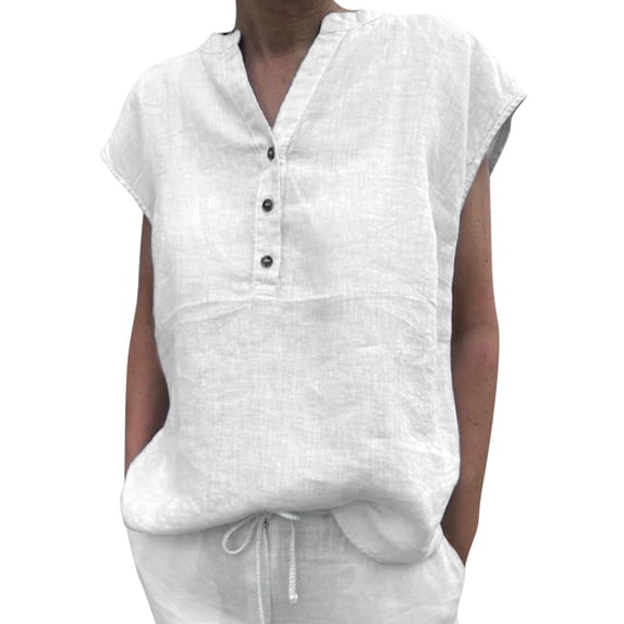 Yuncity Linen Shirts For Women Casual Solid V Neck Button Cotton Blend Short Sleeve Shirt Blouse Top S-2Xl