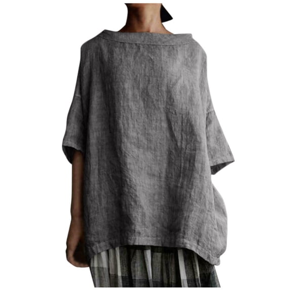 Yuncity Linen Shirts For Women Cotton Solid Color Loose T-Shirt S-2Xl