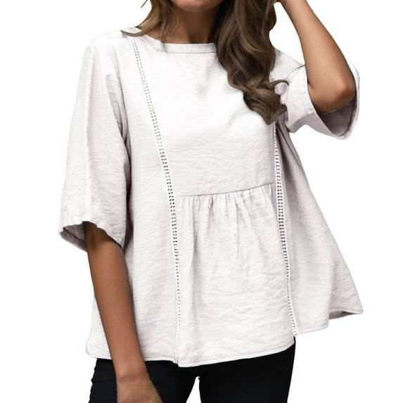 Yuncity Linen Shirts For Women Spring Autumn Casual 3/4 Sleeve Solid Color Shirt S-3Xl