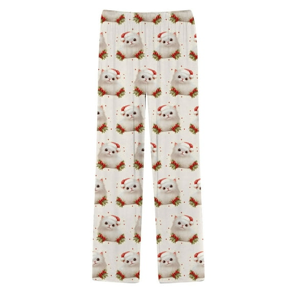 Yuncity Men Christmas Pajama Pants Casual Cat Printed Loose Pyjamas Pants Dailywear Beige L