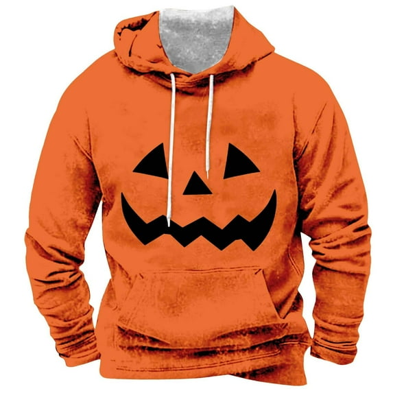 Yuncity Men Halloween Hoodie Pumpkin Themed Casual Style Loose Fit Printed Design Comfortable Fabric Fall Winter L Orange Hoodies Men