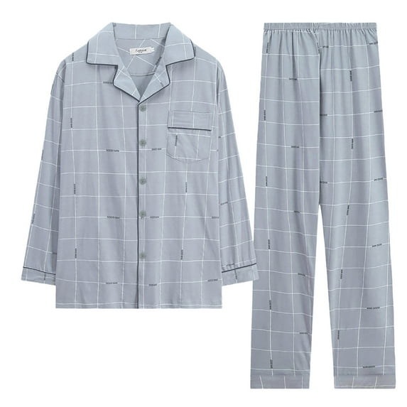 Yuncity Men Pajama Set Cotton Long Sleeved Cotton Thin Plaid Plus Size Casual Housewear Suit Loungewear Pajamas For Men L
