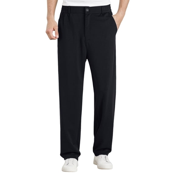 Yuncity Men Pants Solid Color Mid Waist Elastic Pocket Drawstring Flat Front Commute Summer Basic Fitness Daily Work Wear Men's Trousers Size XL Black