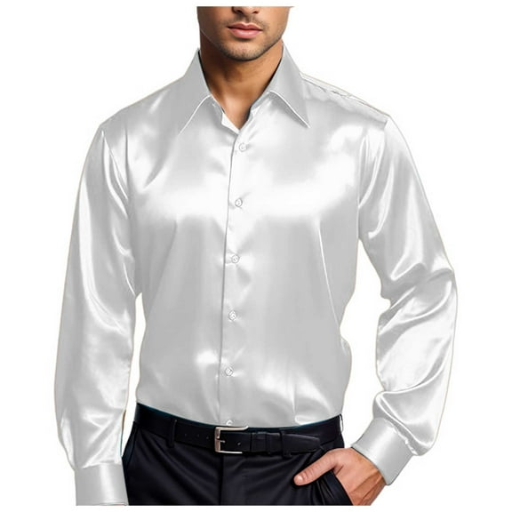 Yuncity Men Polo Shirts Casual Fashion Silk Satin Solid Color Lapel Long Sleeve Shirt Men's T-Shirts S