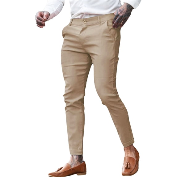 Yuncity Men Trousers Solid Color Mid Waist Elastic Button Straight Slim Summer Stretchy Fitness Comfortable Outdoor Daily Wear Men's Pants Size XL Khaki