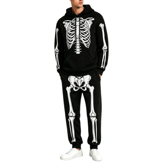 Yuncity Men Two Piece Outfits Sets Halloween Theme Skeleton Graphic Print Pullover Long Sleeve Jogger Pants Sweatsuit Casual Comfortable Hoodie Set Tracksuit Size L Black