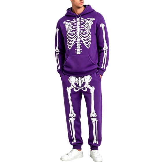 Yuncity Men Two Piece Outfits Sets Halloween Theme Skeleton Graphic Print Pullover Long Sleeve Jogger Pants Sweatsuit Casual Comfortable Hoodie Set Tracksuit Size Xxxxxl Purple