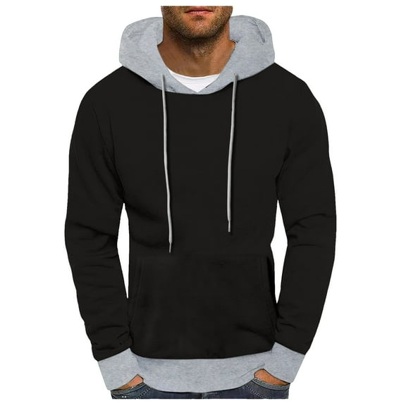 Yuncity Men's Hoodies Male Autumn Winter Color Block Hood Pullover Thread Drawstring Fleece Sweatshirt L Black Hoodies Men