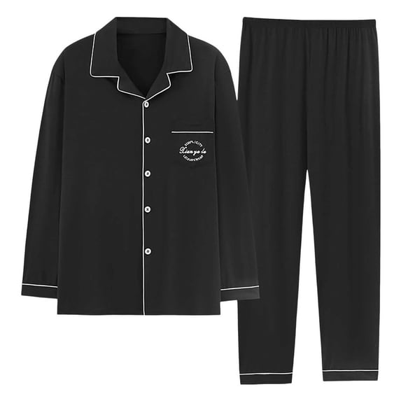 Yuncity Men's Pajama Sets Autumn Winter Loose Collar Home Clothes Long Sleeve Set Homewear Black Xxxl
