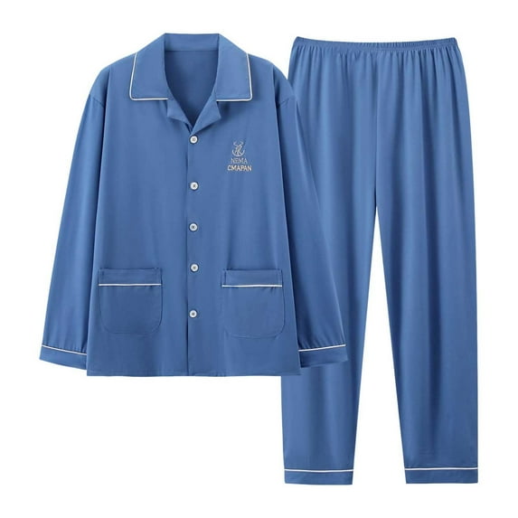 Yuncity Men's Pajamas Autumn Winter Loose Collar Home Clothes Long Sleeve Set Men Pajama Set Sky Blue Xl