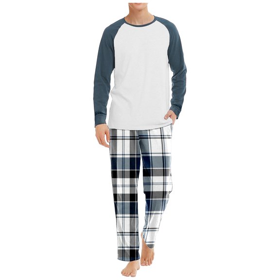 Yuncity Men's Pajamas Male Autumn Winter Inner Wear Home Raglan Sleeve Top Plaid Print Trousers Two Piece Suit Men Pajama Set Navy Xl