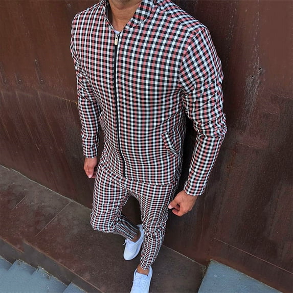 Yuncity Mens 2 Piece Tracksuit Outfits Slim Fit Sweatshirts Casual Plaid Zipper Pocket Coat Drawstring Pocket Pants Set Fall Long Sleeve Hoodies Sets Size Xxxl Red