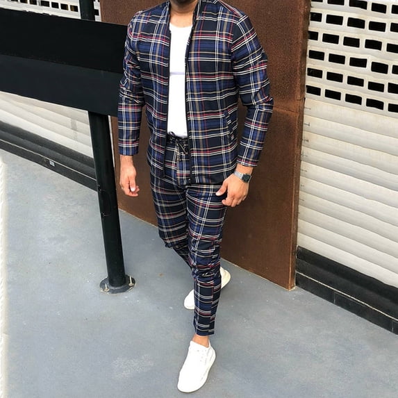 Yuncity Mens 2 Piece Tracksuit Outfits Slim Fit Sweatshirts Casual Plaid Zipper Pocket Coat Drawstring Pocket Pants Set Fall Long Sleeve Hoodies Sets Size M Dark Blue