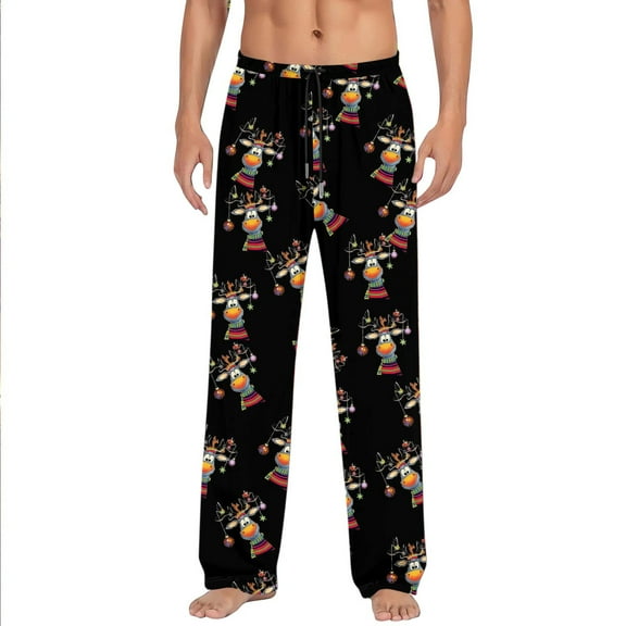 Yuncity Mens Christmas Pajama Pants Pyjamas Casual Pockets Trousers Fashion Xmas Print Pyjamas Cute Casual Xmas Snowflake Snowman Deer Homewear Black M