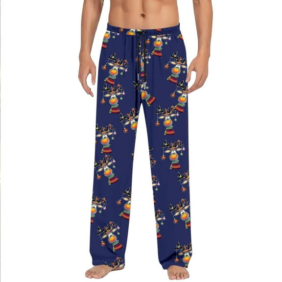 Yuncity Mens Christmas Pajama Pants Pyjamas Casual Pockets Trousers Fashion Xmas Print Pyjamas Cute Casual Xmas Snowflake Snowman Deer Sleepwear Dark Blue M
