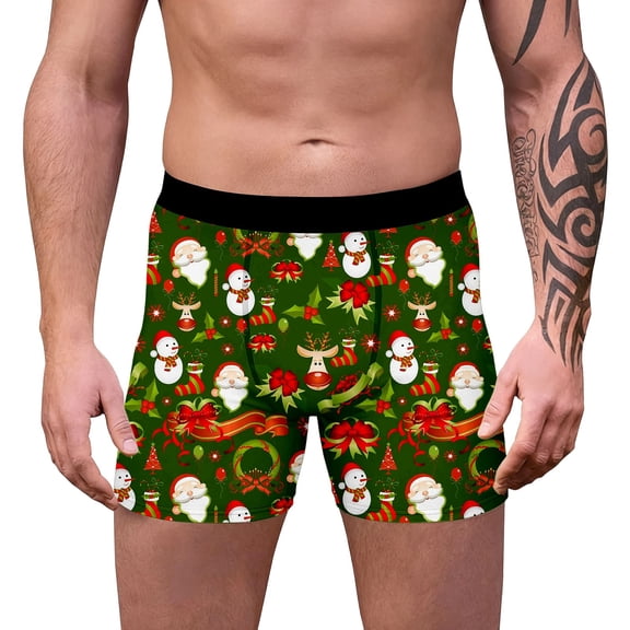Yuncity Mens Christmas Underwear Boxer Briefs Cartoon Print Mid-Length Comfort Men Underpants Dark Green S