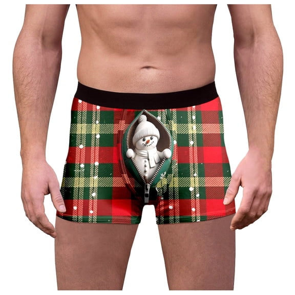 Yuncity Mens Christmas Underwear Boxer Briefs Male Plaid Xmas Day Printed Funny Fitting Mid Waist Briefs Men Underpants Red S