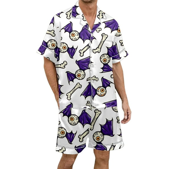 Yuncity Mens Halloween Pajamas Print Short Sleeve Shorts Button Up Sleepwear Loungewear Comfortable Nightwear Outfit Cozy Pjs White Xxl
