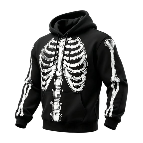Yuncity Mens Hoodie Fall Winter Long Sleeve Fashion Casual Letter Skeleton Print Pullover Hoodies Sweatshirt Size L Black