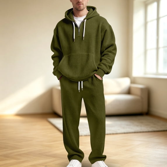 Yuncity Mens Hoodie Sets Fall Half-Zip Long Sleeve Solid With Sweatshirts Joggers For Everyday Comfort Loungewear Casual Two Piece Sweatsuit Size S Dark Green