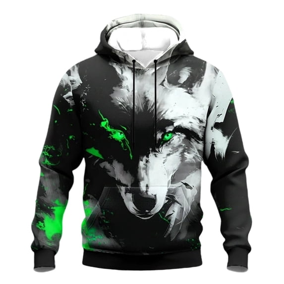 Yuncity Mens Hoodies Halloween Fashion Wolf Print Pullover Hooded Sweatshirt Long Sleeve Casual With Pocket Clothes Size Xxxxxl Green
